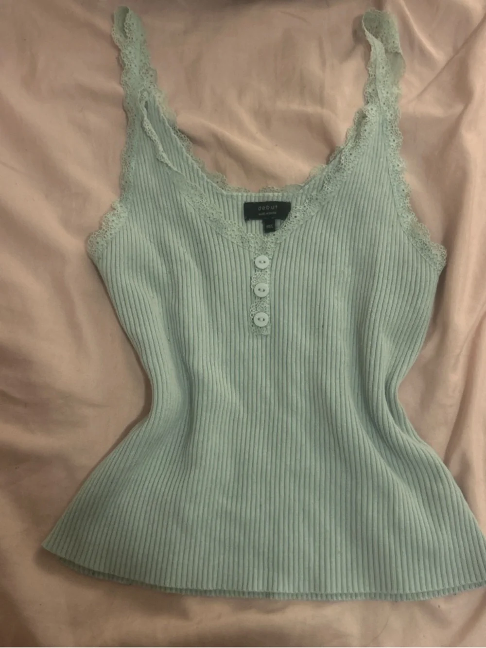 debut Mint Ribbed Lace-Trim Henley Tank - Picture 1 of 3
